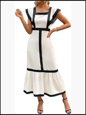 Square Neck Ruffle Hem Long Dress Cap Sleeve Elegant Women's Dress
